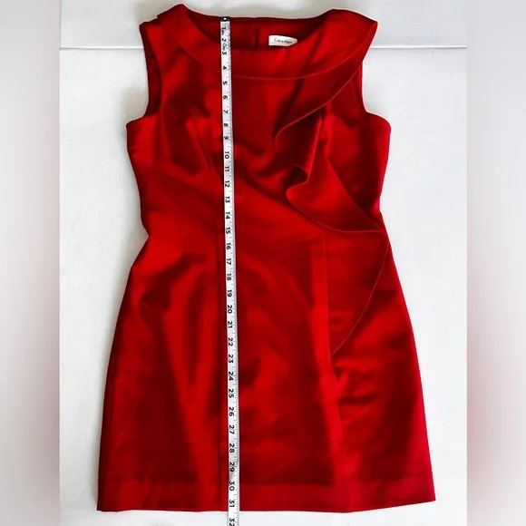 Calvin Klein Red Formal Classy Midi Length Sheath Fitted Ruffle Front Size 8 - Picture 8 of 11